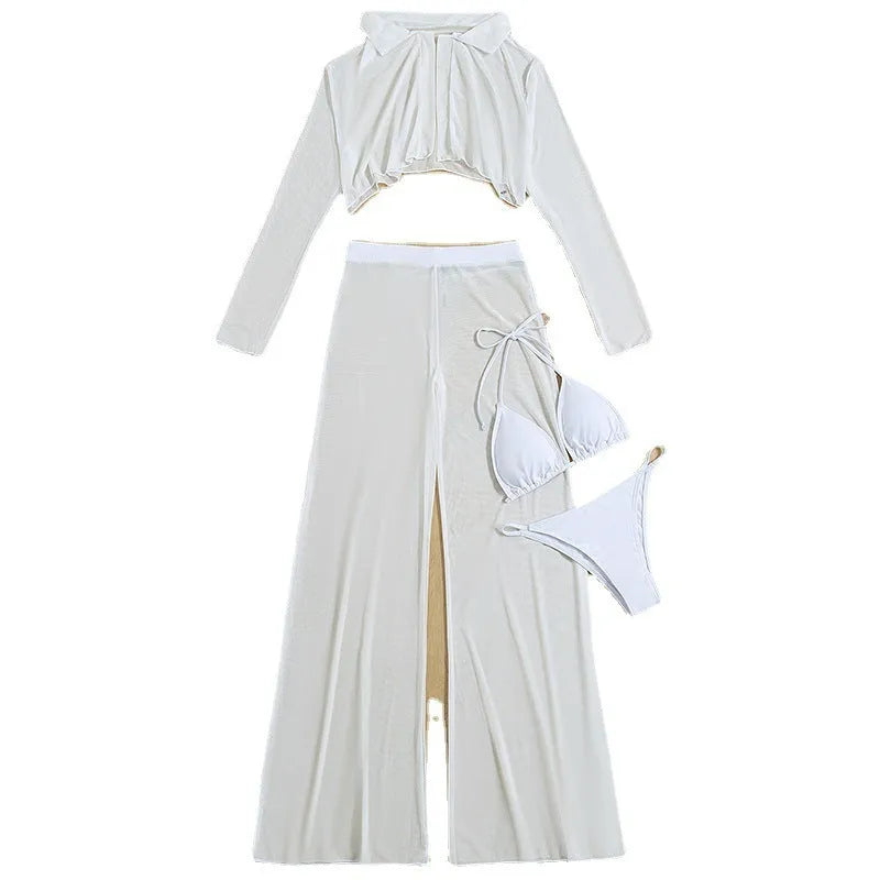 White women's swimwear four-piece set with high-waisted bottoms and backless top on a mannequin