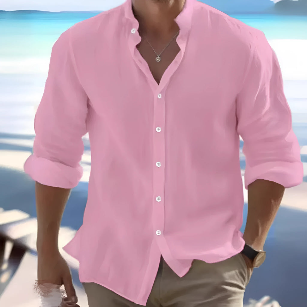Men's long-staple cotton button beach shirt shown in light blue, sizes S to 5XL.