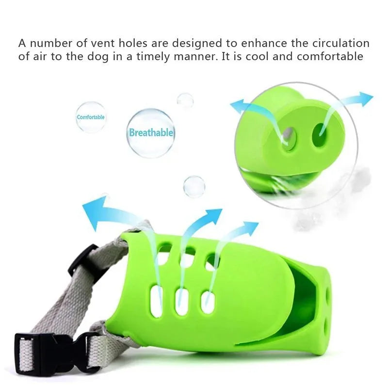 Blue and green silicone anti-bite mouth covers for dogs in two sizes on a white background.