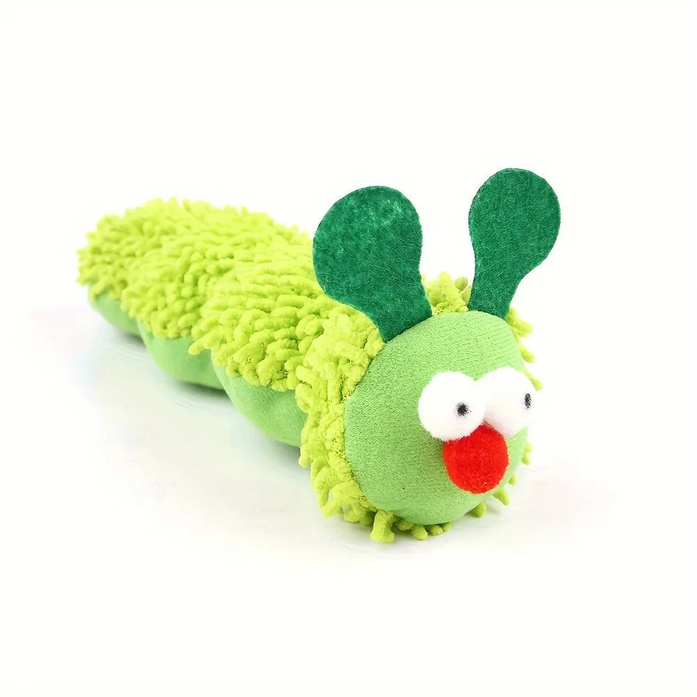 Green interactive plush cat toy pillow measuring 24cm long for battery-free play