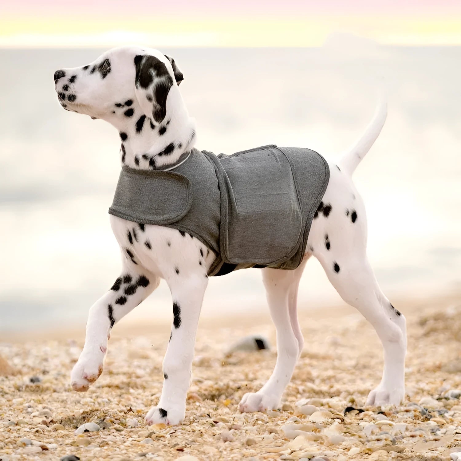 Heather Grey dog anxiety vest and warm jacket on a mannequin, showing the fit and knit fabric.