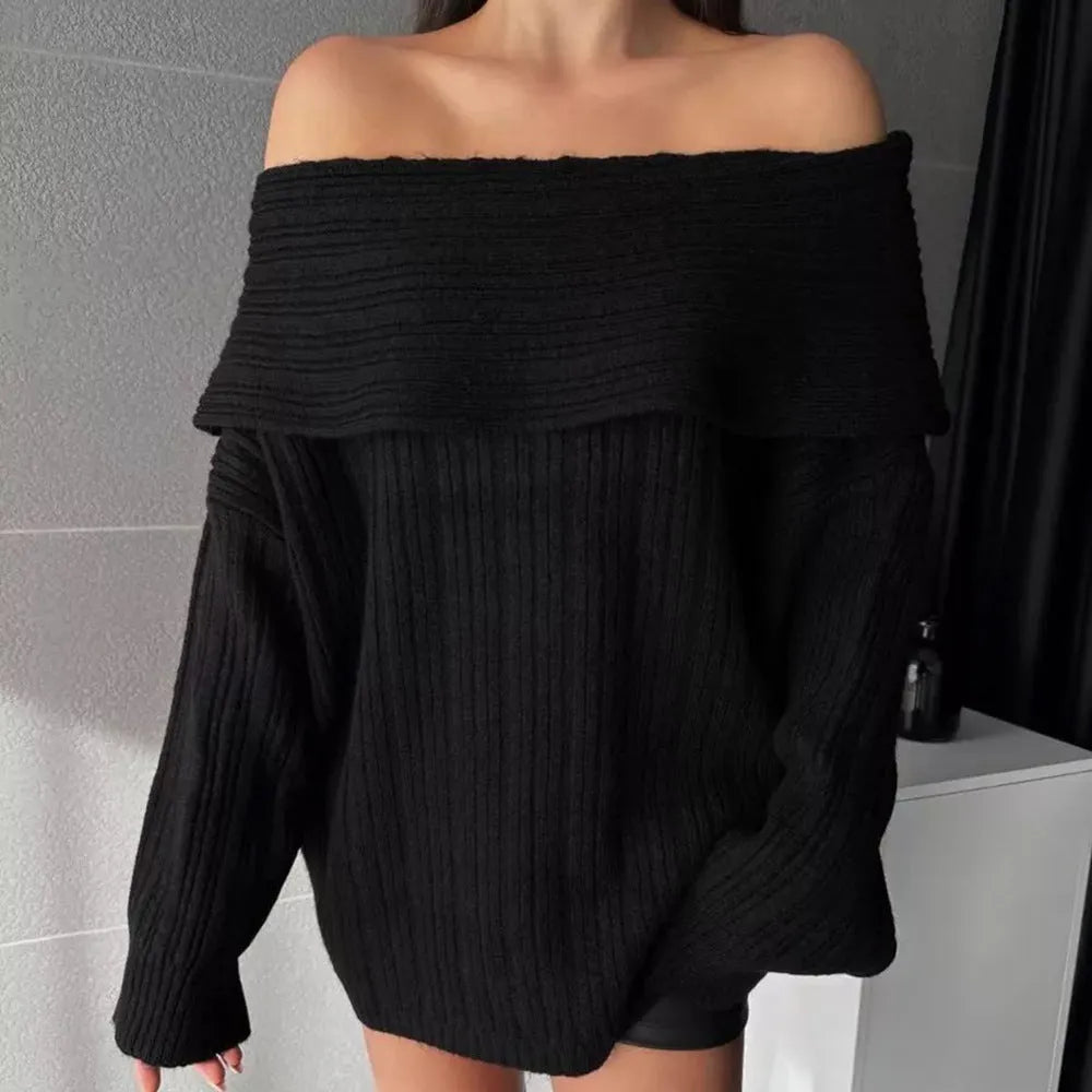 Women's loose-fitting acrylic pullover sweater in black, white, khaki or red with long sleeves