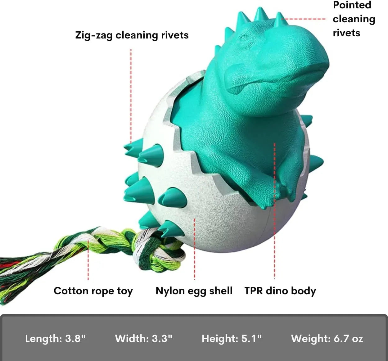 Blue dinosaur-shaped dog chew toy with rope attached for tug games