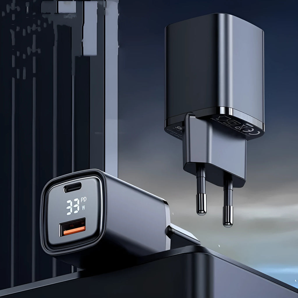 Dual-port digital display fast charging charger in black with USB-A and USB-C ports, 81x33x28mm