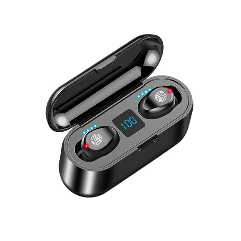 Black wireless Bluetooth headset with digital display, Bluetooth 5.0, stereo earplugs, 10 metre range and 4 hour battery