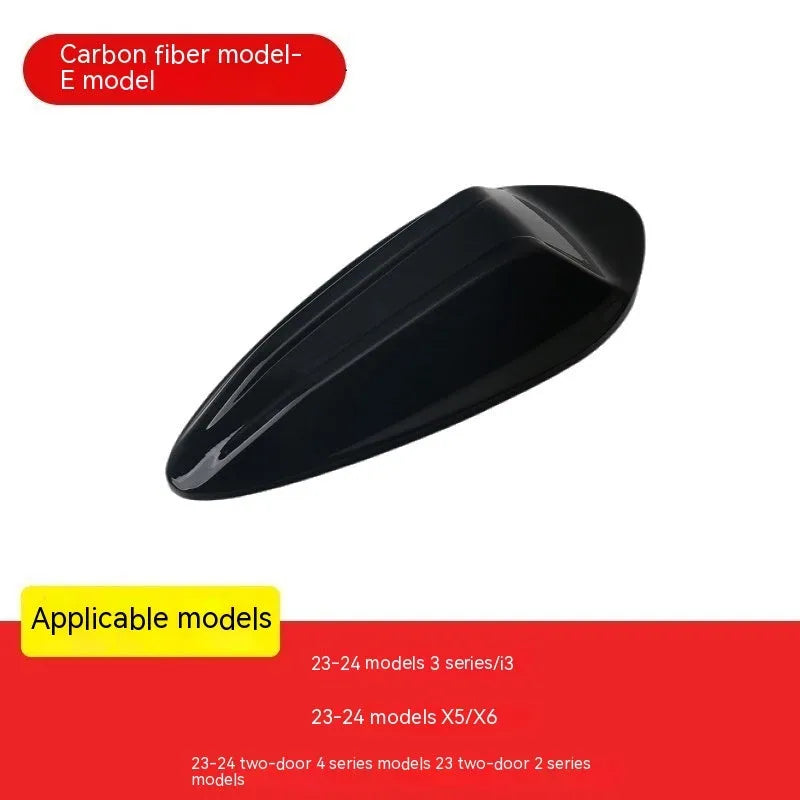 BMW shark fin antenna cover replacement in carbon fibre pattern and piano black finish options.