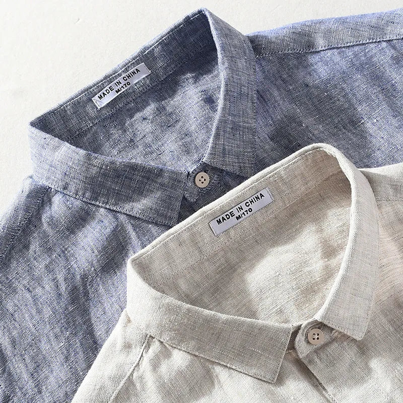 Men's raw jute colour linen shirt with square collar and short sleeves on a hanger.