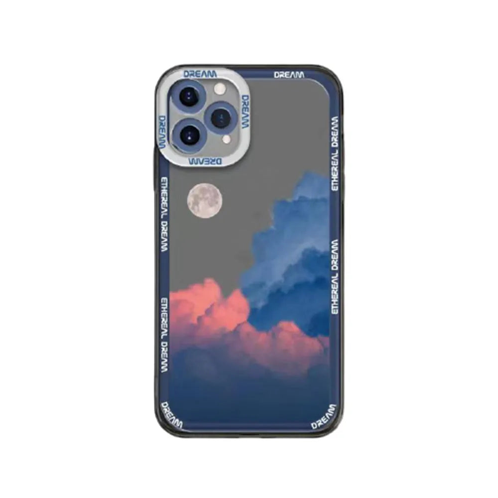 Sunset clouds design TPU protective back case for iPhone on a table.