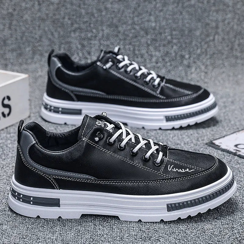 Men's black and white platform sneakers with elastic bands and round toe design