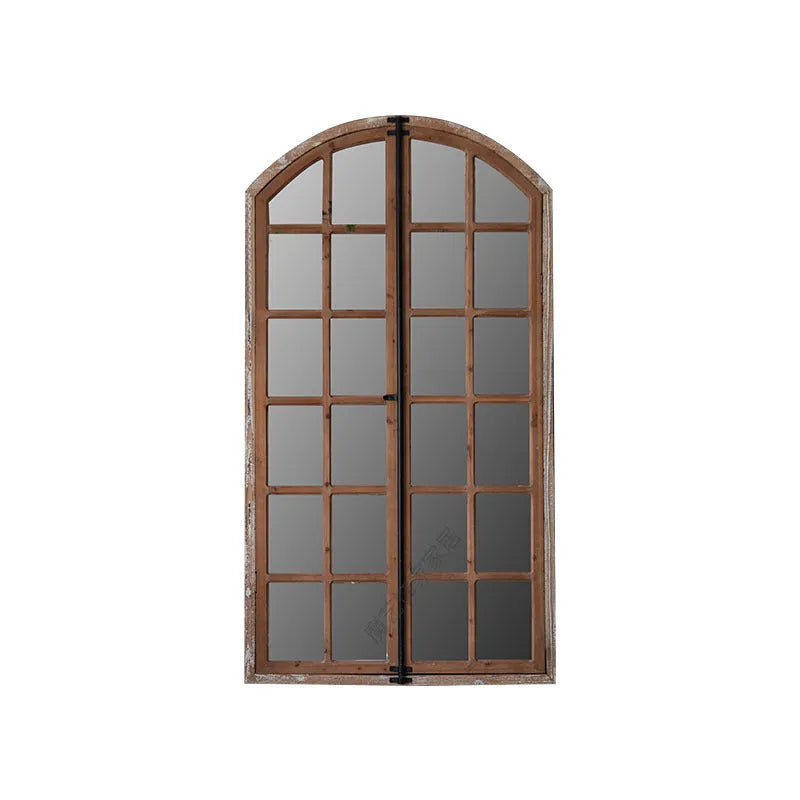 Log-coloured distressed wooden glass fake window wall mirror, A316 style.