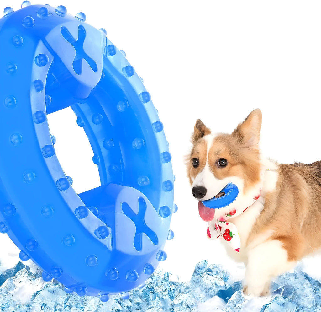 Freezable dog teething chew toy in bone and circle shapes on a blue background.
