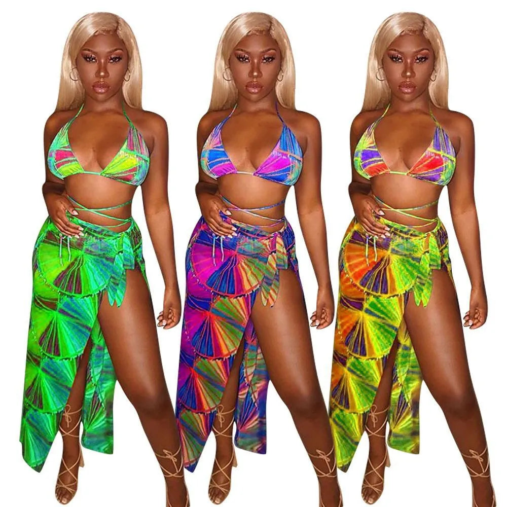 Three-piece split swimsuit floral print bikini set in green orange red, nylon quick-drying swimwear sizes S to XL