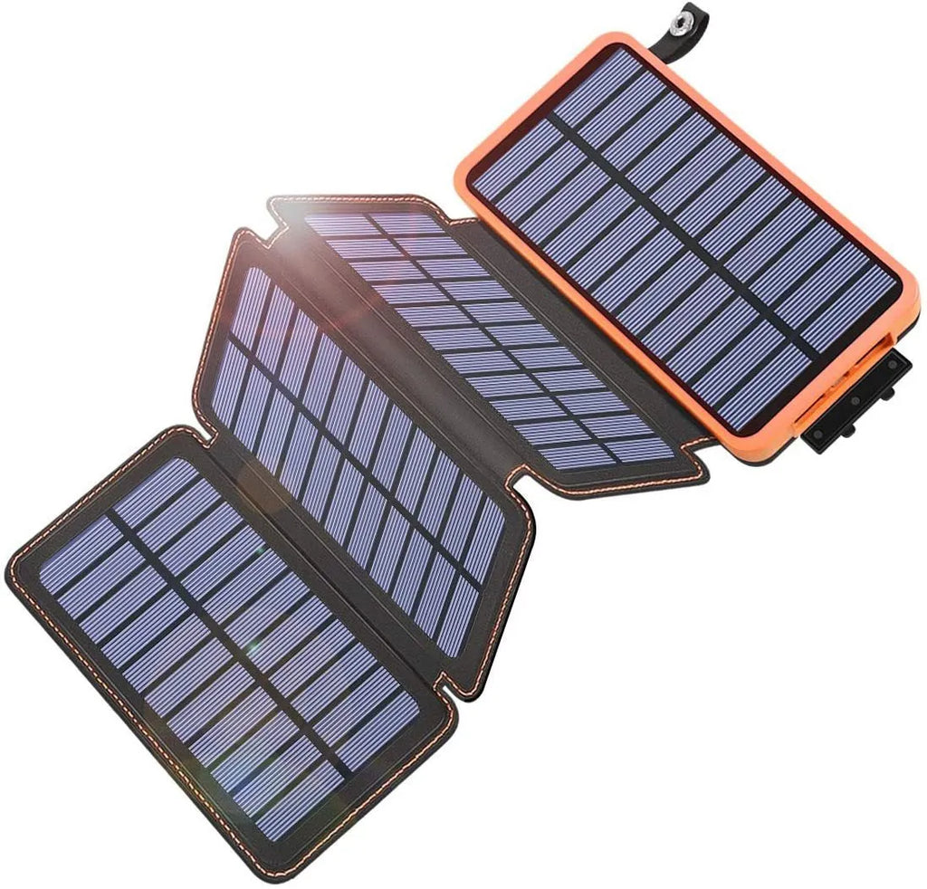 Solar power bank with monocrystalline panel showing black, blue, green, and orange colour options