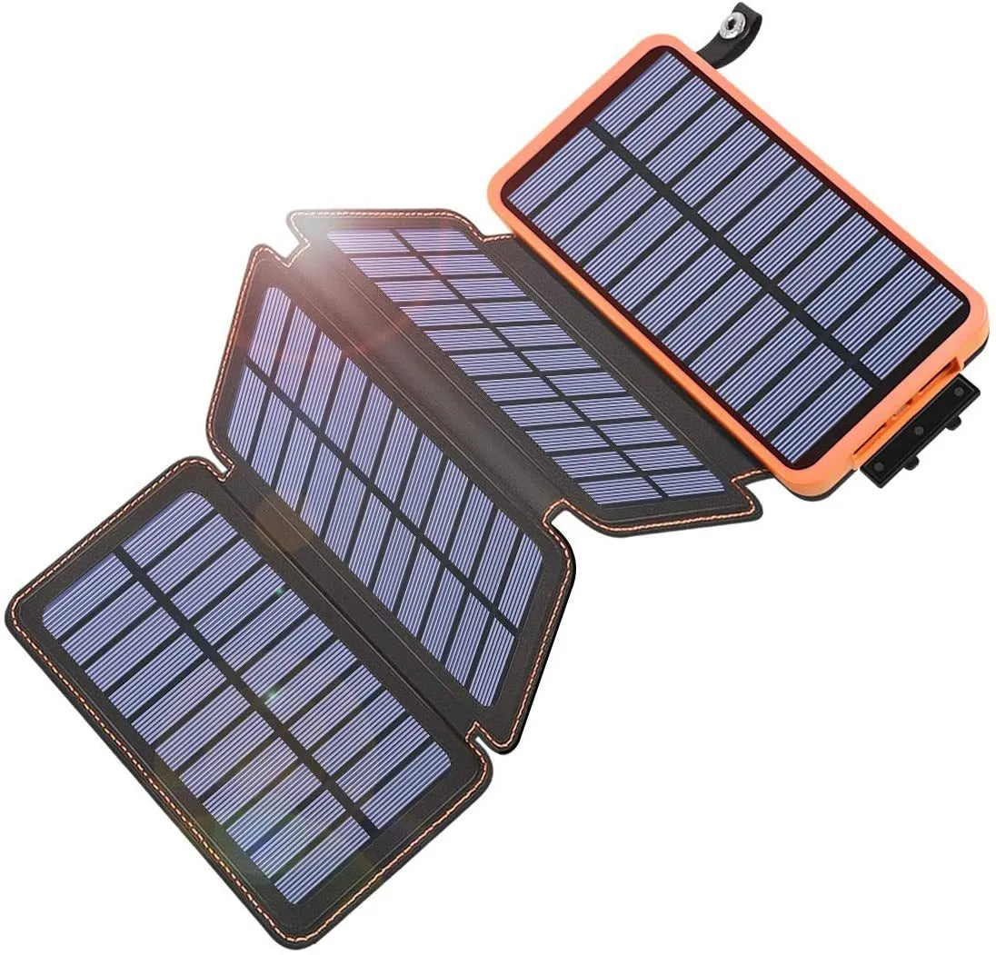 Solar power bank with monocrystalline panel showing black, blue, green, and orange colour options