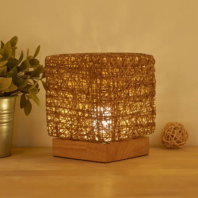 Hand-knit rattan square LED desk lamp with wood base and USB charging, beige colour