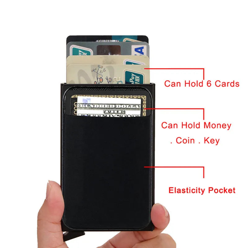 Frosted aluminium alloy credit card holder in multiple colours showing slim profile.