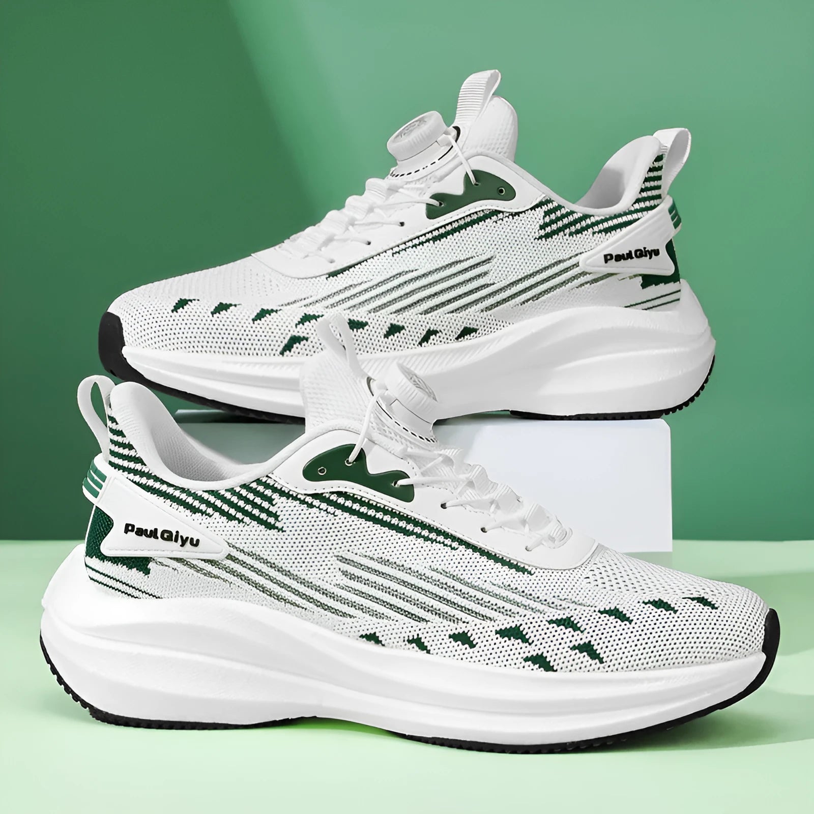 Men's white green rotating buckle fly-kit mesh sports shoes with TPU popcorn sole showing lace-up front and shallow opening design