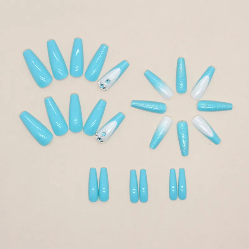Long ballet false nail extensions in solid Z689 smart blue diamond colour with included glue