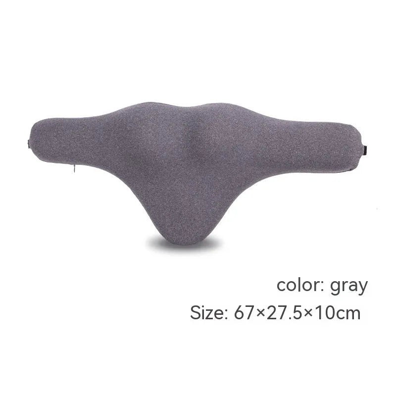 Dark grey memory foam car headrest pillow shown on car seat, measuring 67x10x27.5 cm.