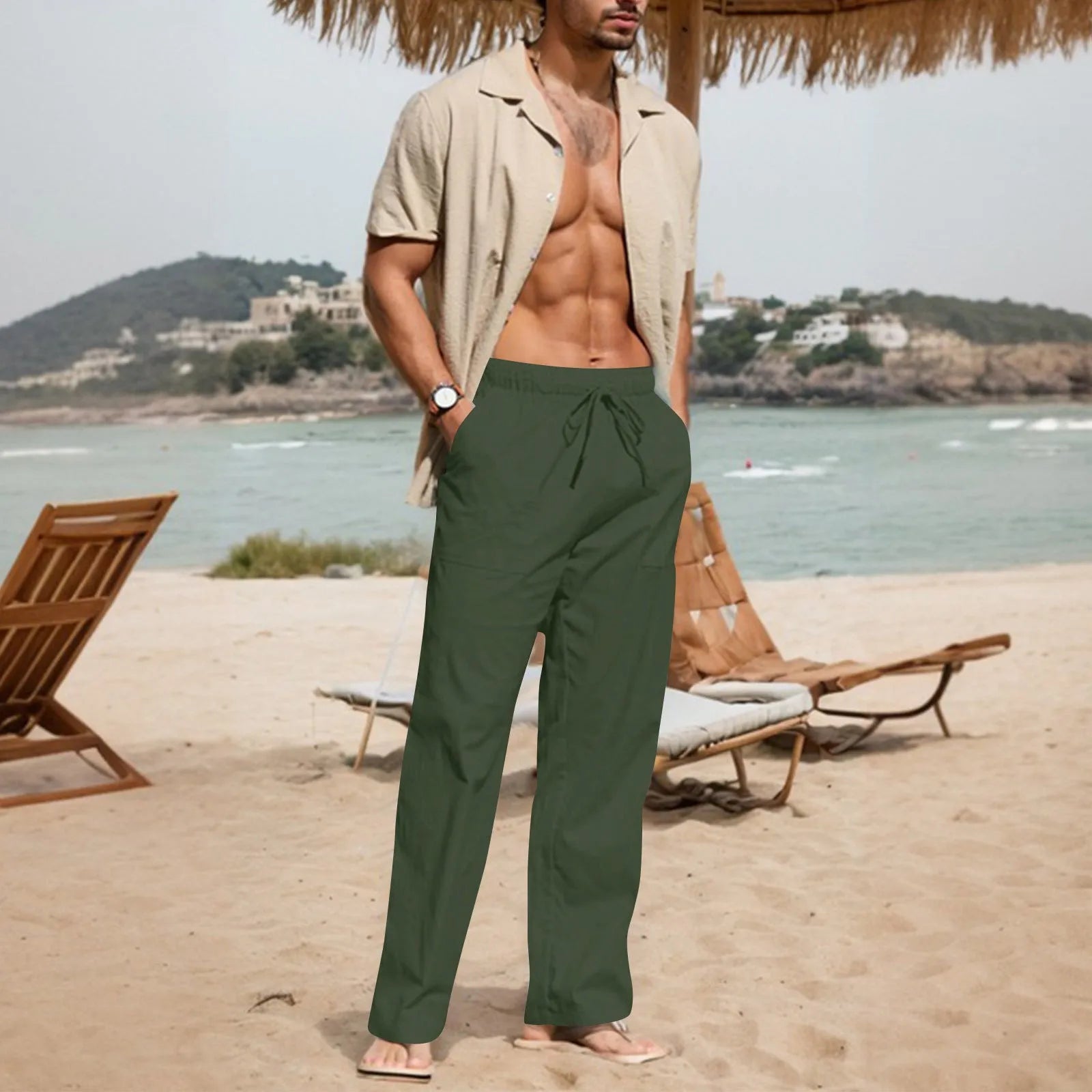 Men's straight leg cotton trousers with a drawstring elastic waistband in a light apricot colour.