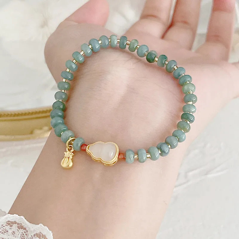 Women's natural blue water jade bead bracelet with gourd peace buckle charm