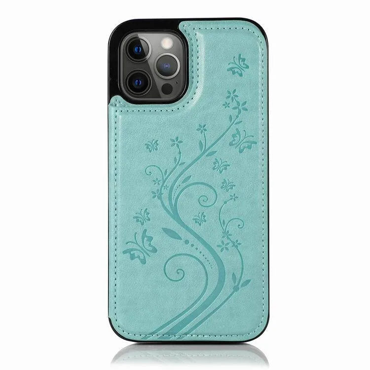 Butterfly embossed leather phone case, rear cover style, available in light purple, mint green, pink, and other colours.