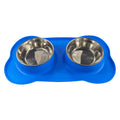 Large silicone double dog bowl with stainless steel inserts in blue colour showing two separate feeding compartments