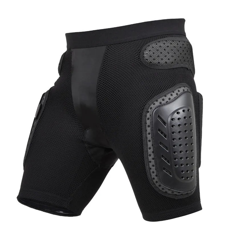 Black cycling hip protection pants showing integrated hip pad, displayed flat.