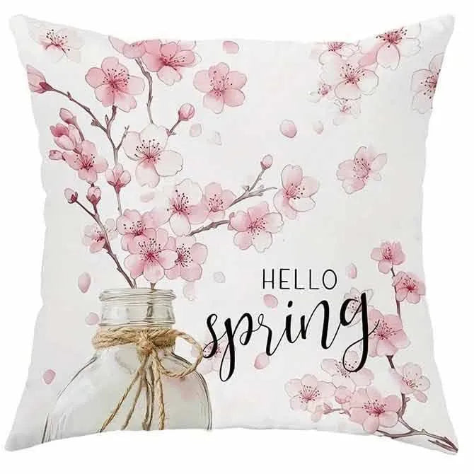 Short velvet Spring Cherry Blossom letter cushion cover, 45cm square, shown in one of four HDRD192 colour options.