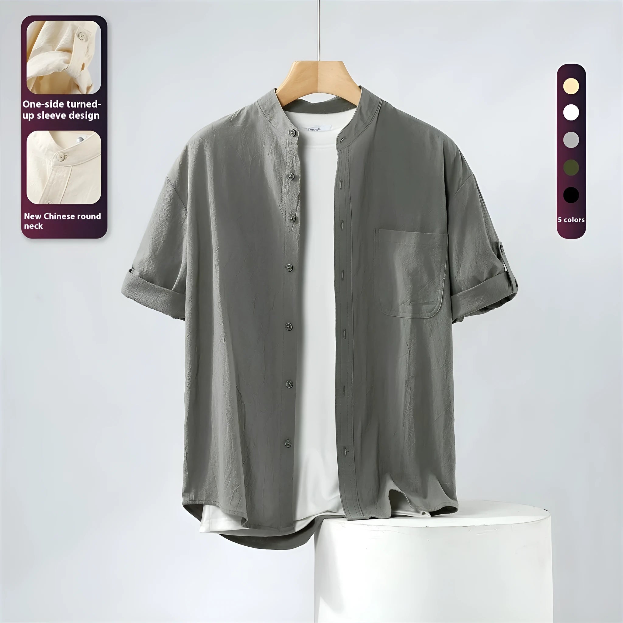 Men's loose short sleeve linen shirt in cotton blend with stand collar.