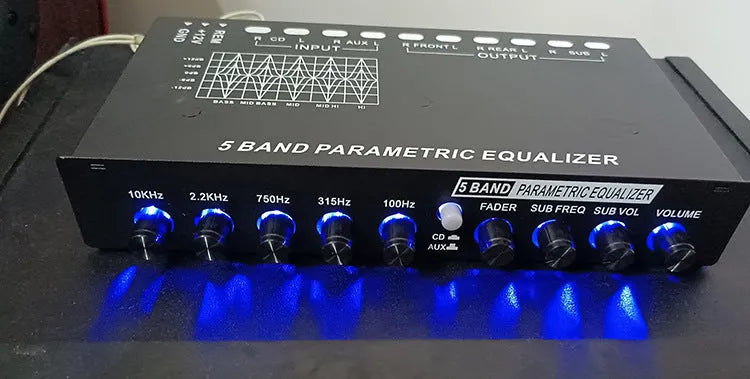 Car audio EQ equaliser amplifier unit with front panel controls for frequency adjustment