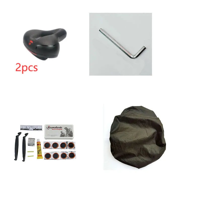 Thickened soft silicone bicycle saddle cushion with PU leather cover, shown with a waterproof cover and repair tools.