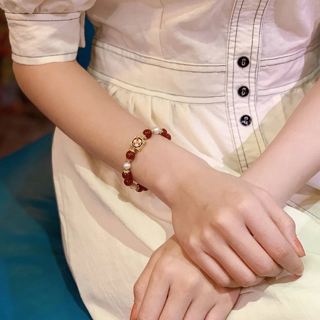 Women's pearl and red agate bracelet with constellation design, adjustable 14-17cm sizing