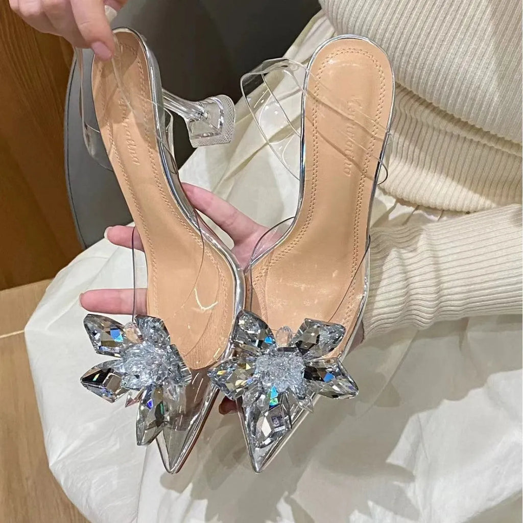 Women's transparent high heels with crystal flower decoration on microfiber, open toe design