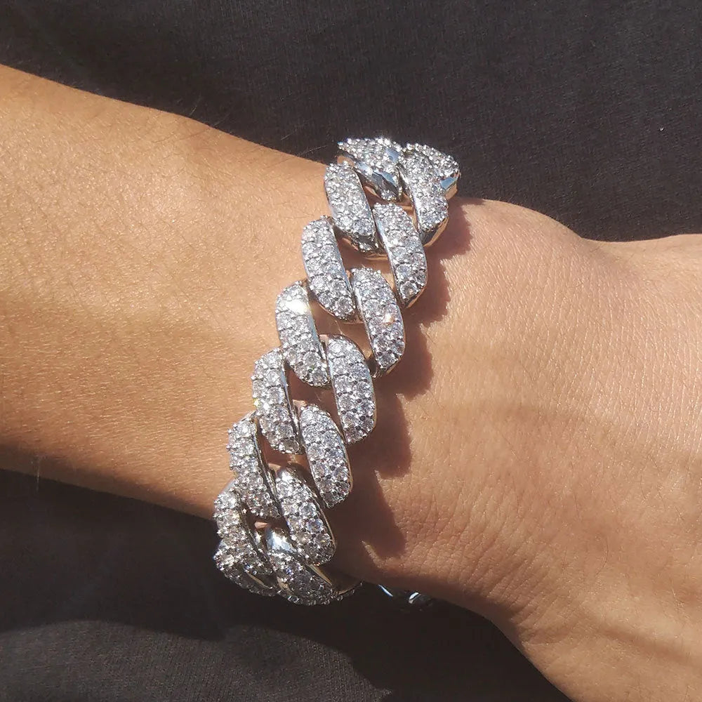 Cuban link bracelet, alloy chain with platinum inlaid gem, 21cm unisex hip hop jewellery in gold or silver