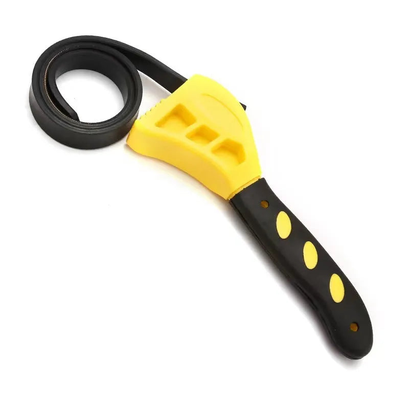 Two adjustable rubber strap wrenches, sizes 6-inch and 8-inch, with a 21.5 cm handle on a workbench.