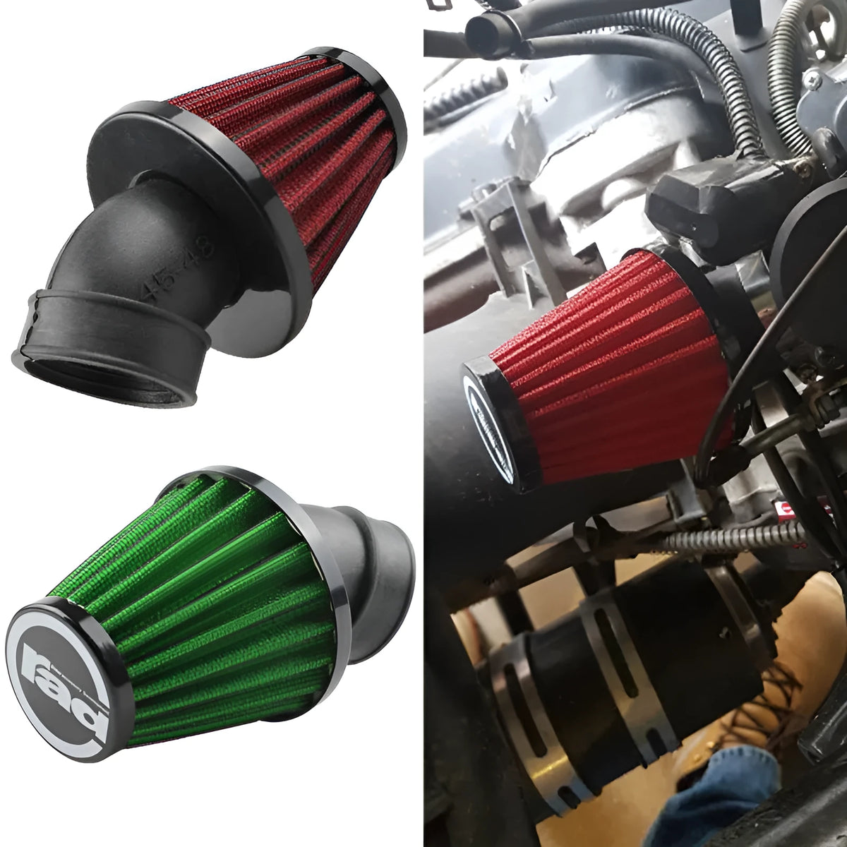 Mushroom-head motorcycle air filter for modification, red or green, 28mm to 48mm calibers, 42mm inner and 45mm outer diameter