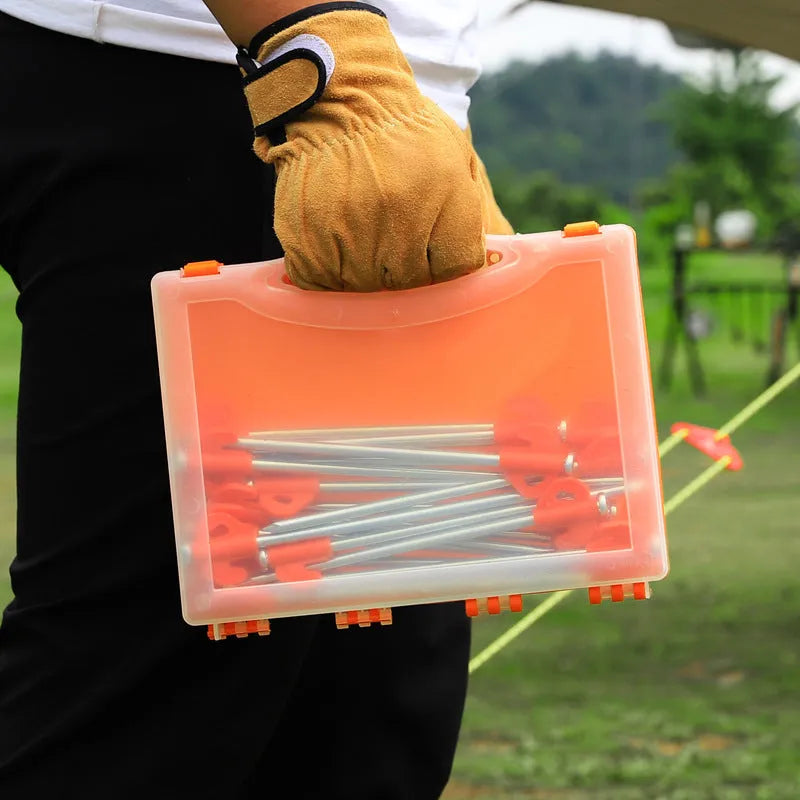 Boxed orange tent nail with small flat plastic head, 6.5 x 20.5mm camping ground stake