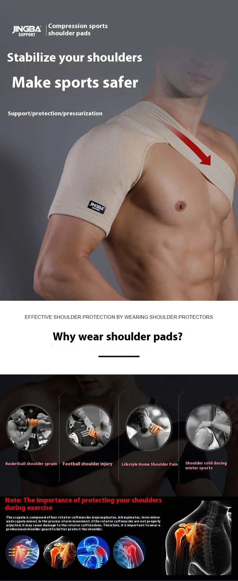 Adjustable skin-coloured sports shoulder support strap shown on a model for weightlifting and running.