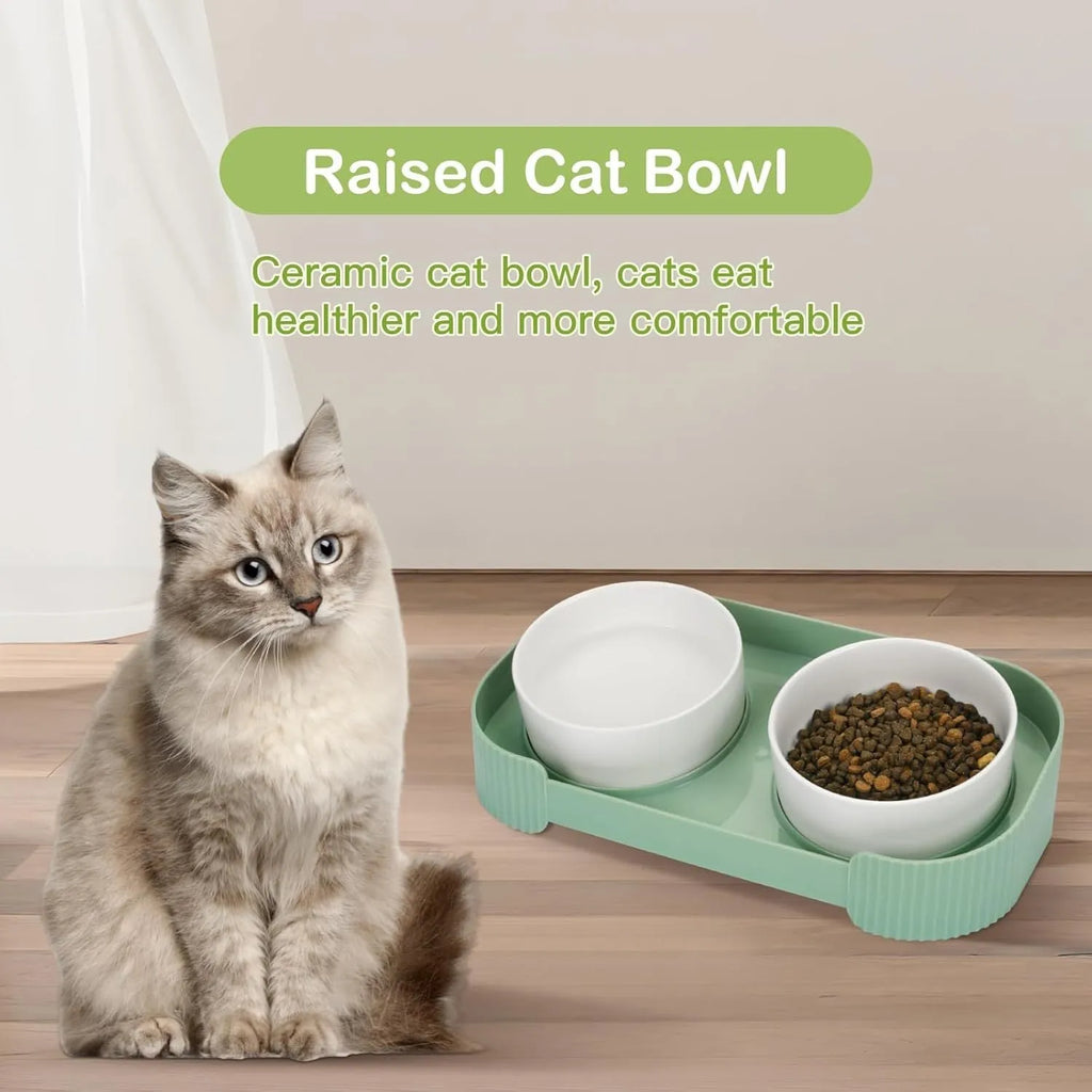 Green ceramic raised cat bowl set with two bowls on a tilted stand and non-slip base.
