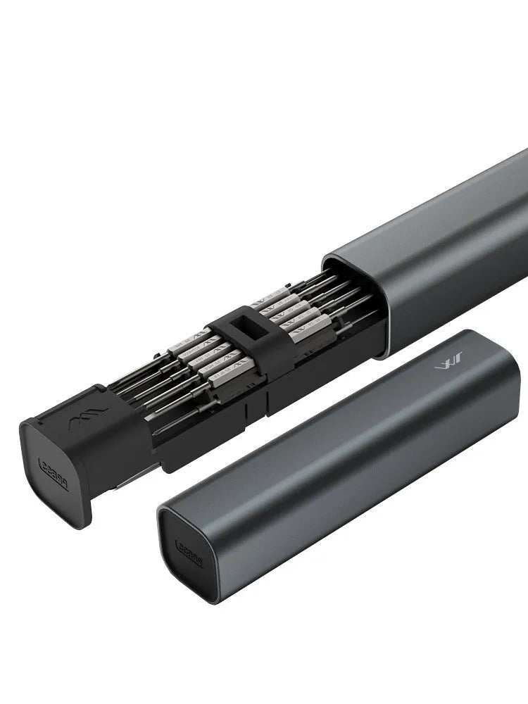 Black multi-function screwdriver set in aluminium tube with magnetic insulated bits for phone and home repair