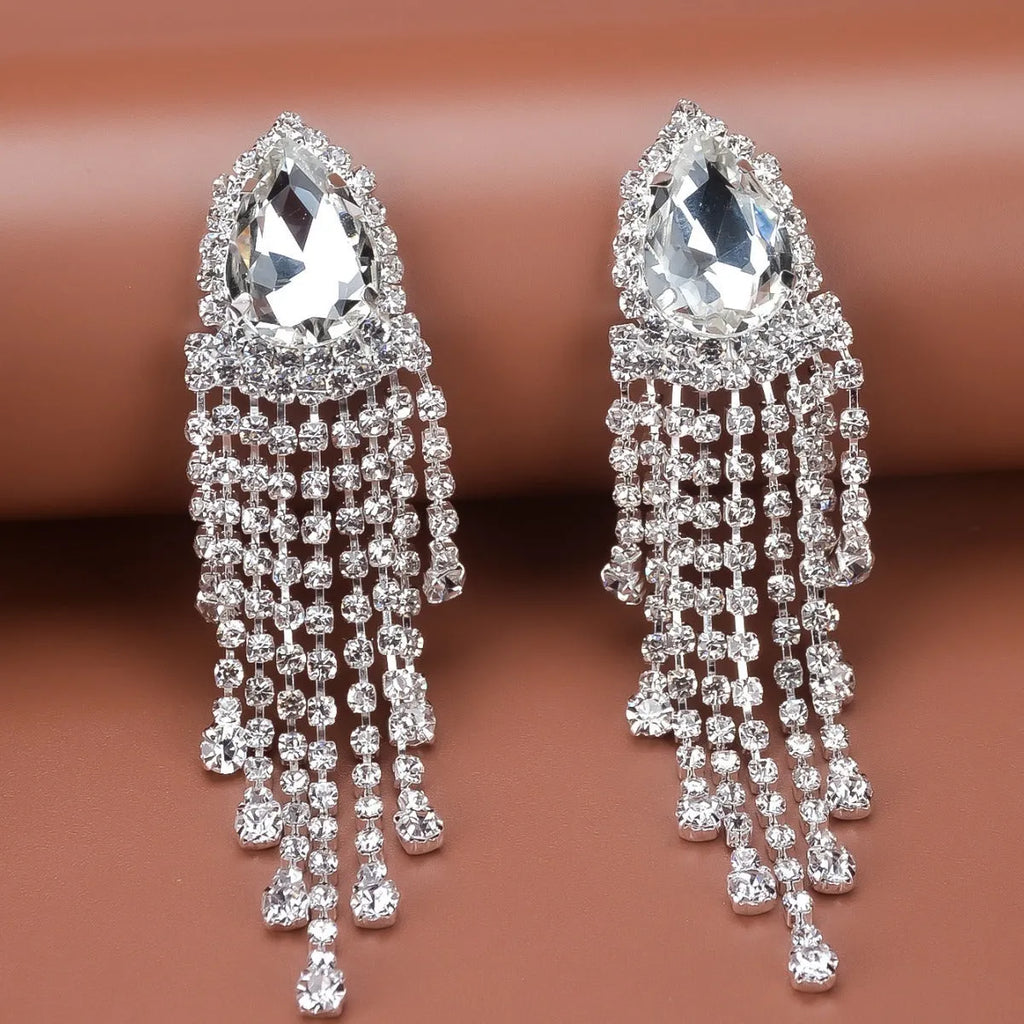 Rhinestone tassel drop earrings diamond finish silver green red 10x2.5 cm