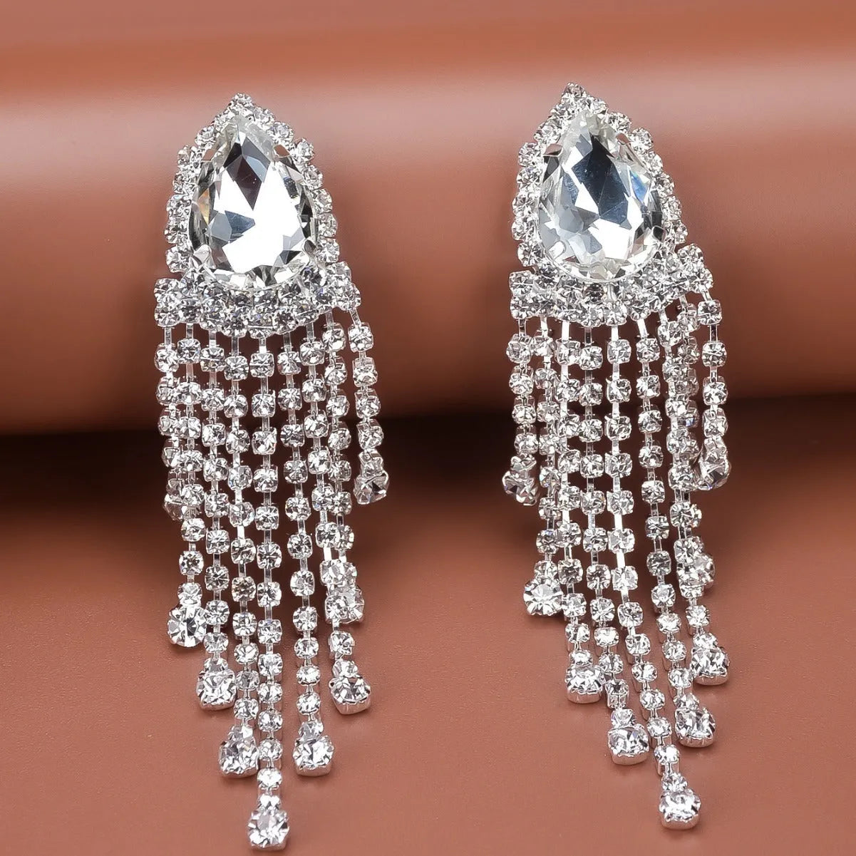 Rhinestone tassel drop earrings diamond finish silver green red 10x2.5 cm