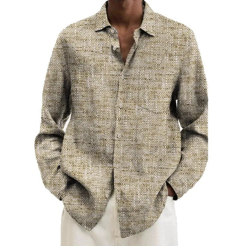 Man wearing a multi-colour patterned long sleeve cardigan shirt for casual leisure.