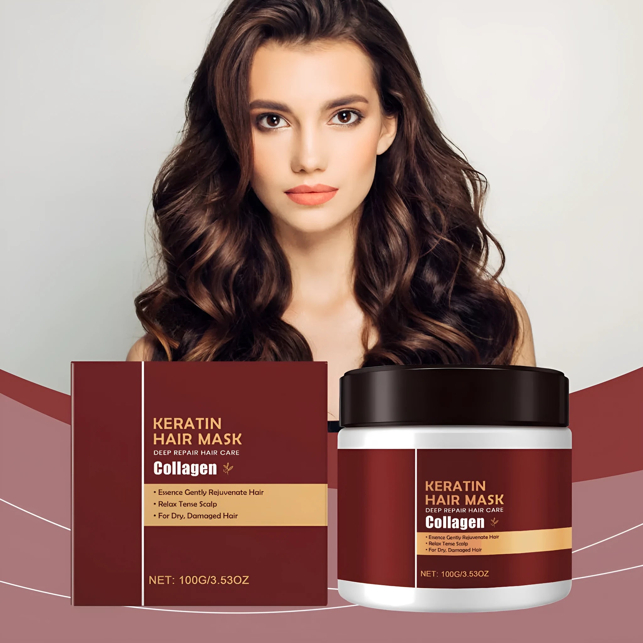 100g tub of nourishing hair mask with hydrolysed keratin and collagen in a white cube.