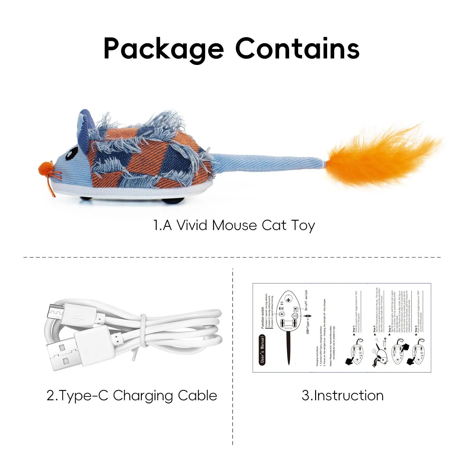 Electronic motion cat toy with mouse design and feather component in blue colour