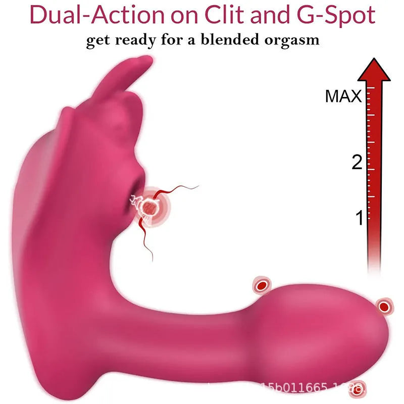 Remote control wearable butterfly dildo made of silicone in purple with aluminium storage bag
