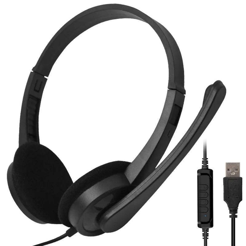 Black USB wired gaming headset with microphone, sponge ear pads and PVC cable for PC computer use