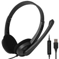 Black USB wired gaming headset with microphone, sponge ear pads and PVC cable for PC computer use