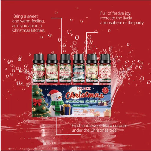 Christmas aromatherapy oil set showing six 10ml bottles with total 60ml volume for warm home fragrance
